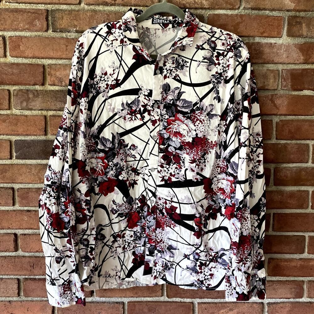 Zeroyaa Floral Button Up Printed Shirt White Black XXL